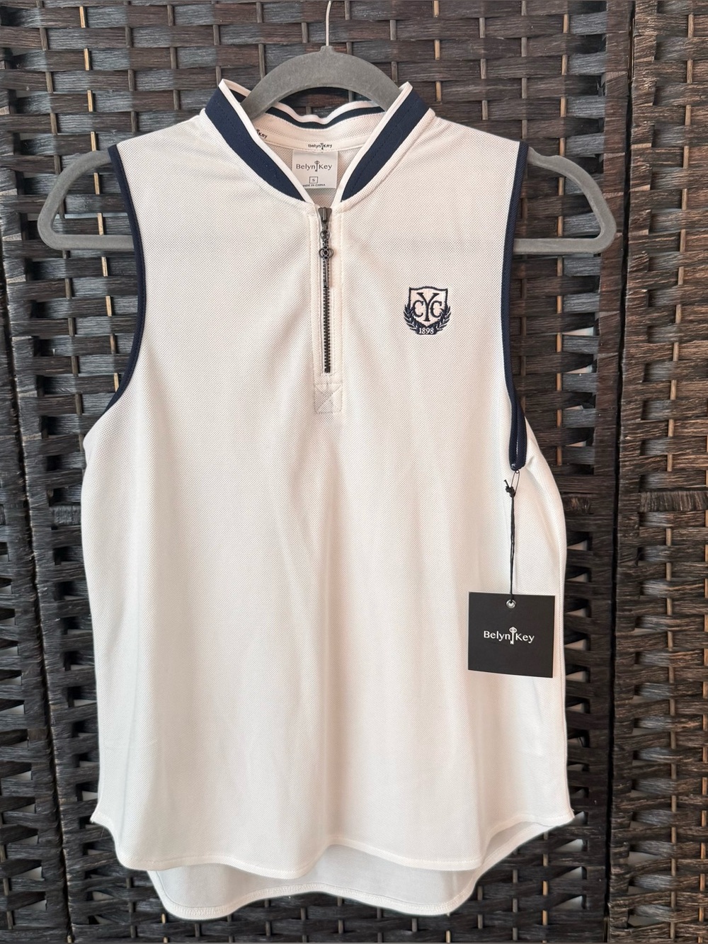 ⛳️ Belyn Key Sleeveless Zip Mock Neck Golf Polo White Navy Size Small NWT